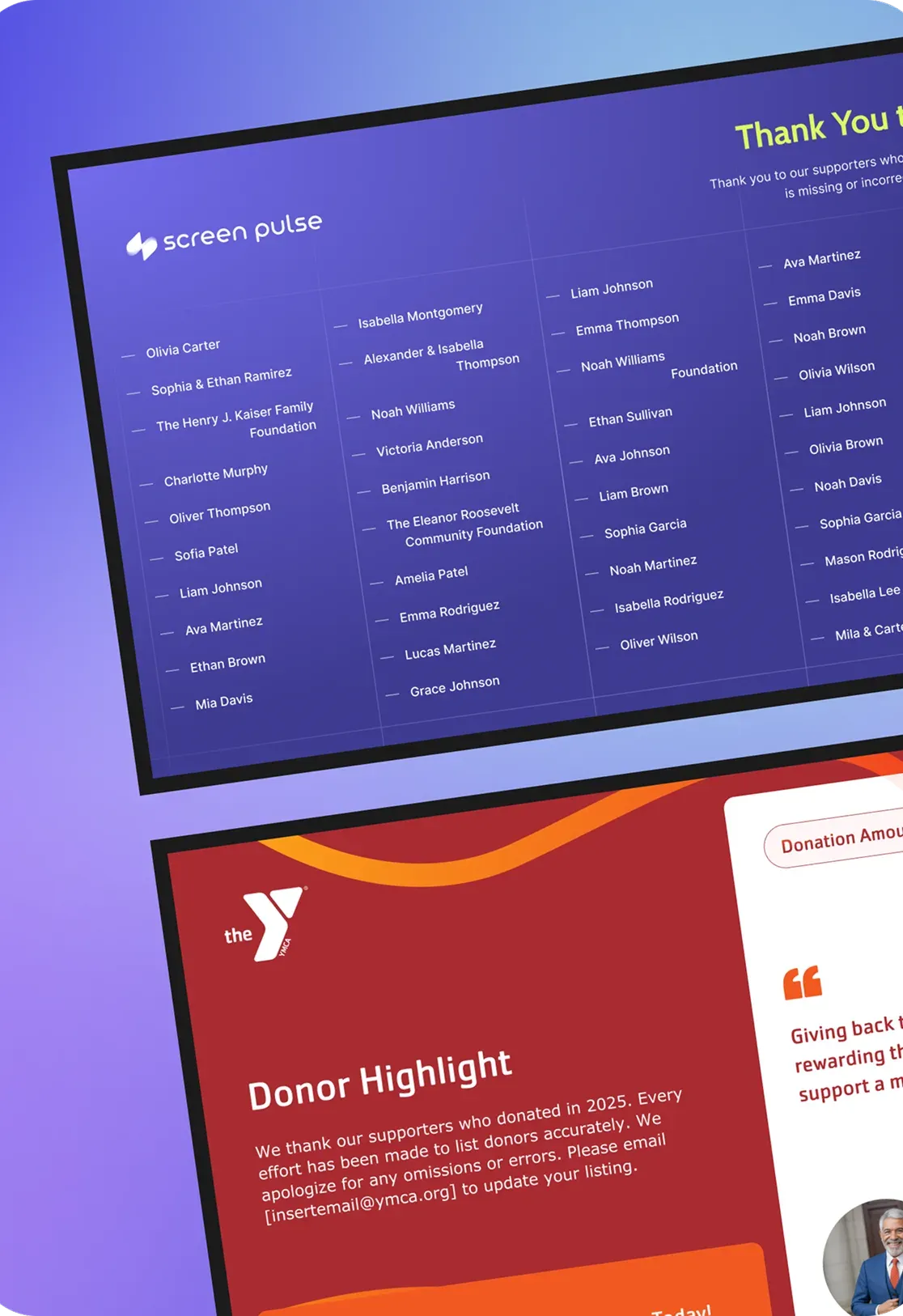 Donor recognition displays managed through Screen Pulse