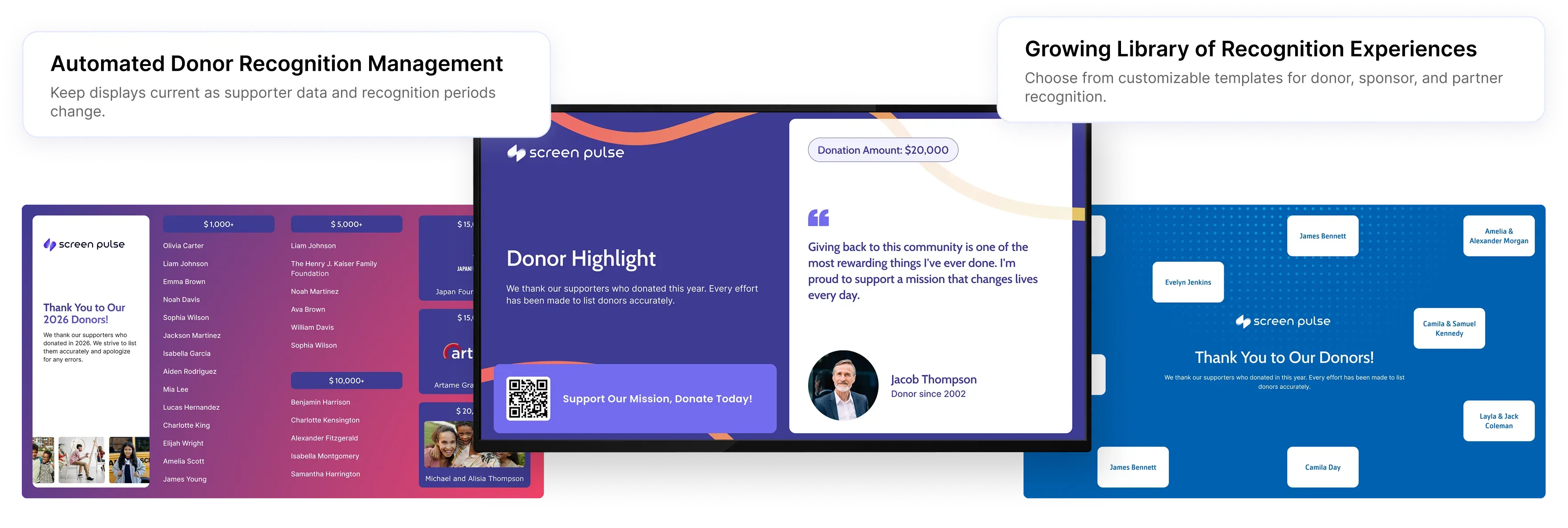 Donor recognition displays across screens