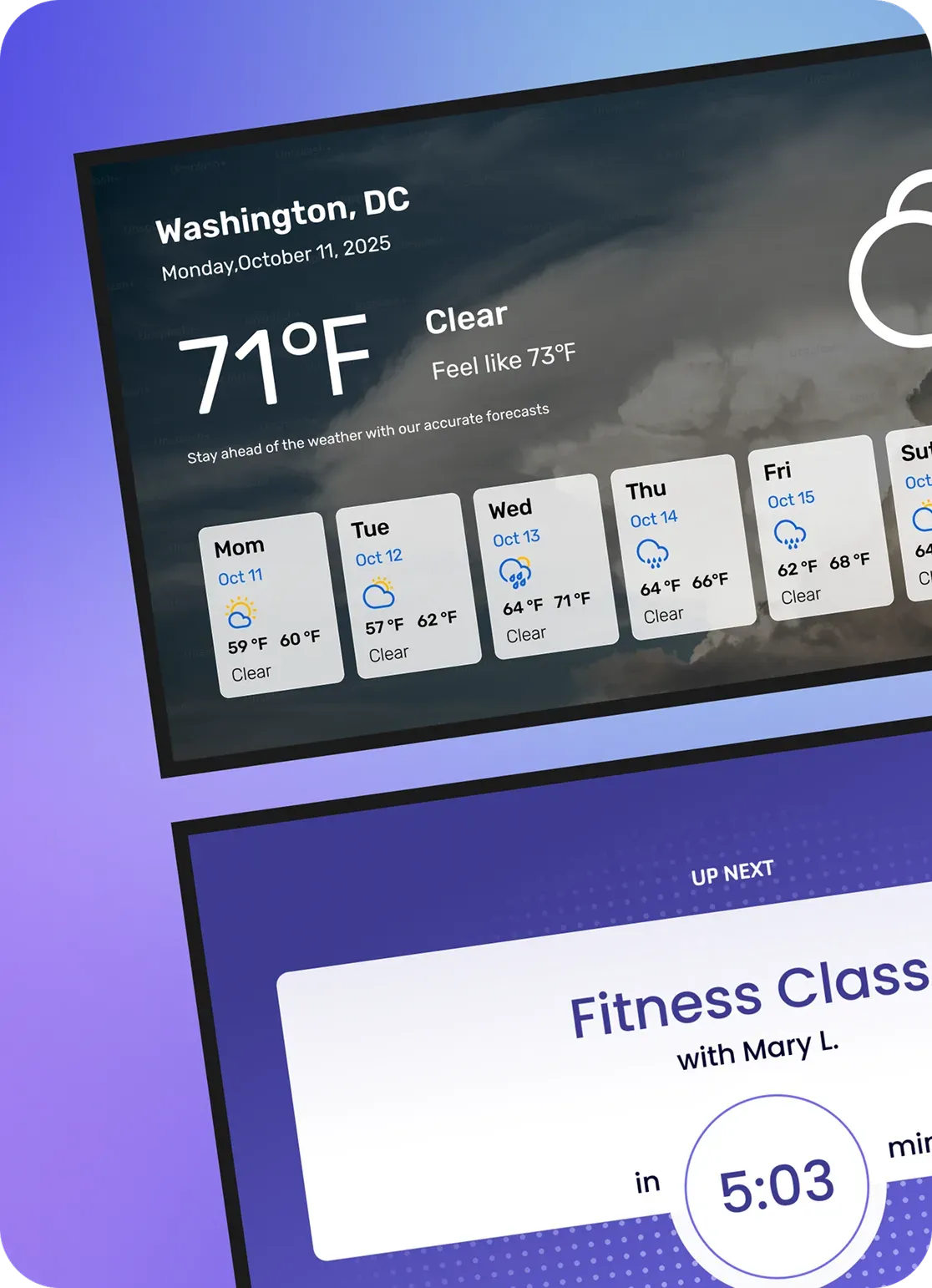 Digital signage displays showing weather and a fitness class