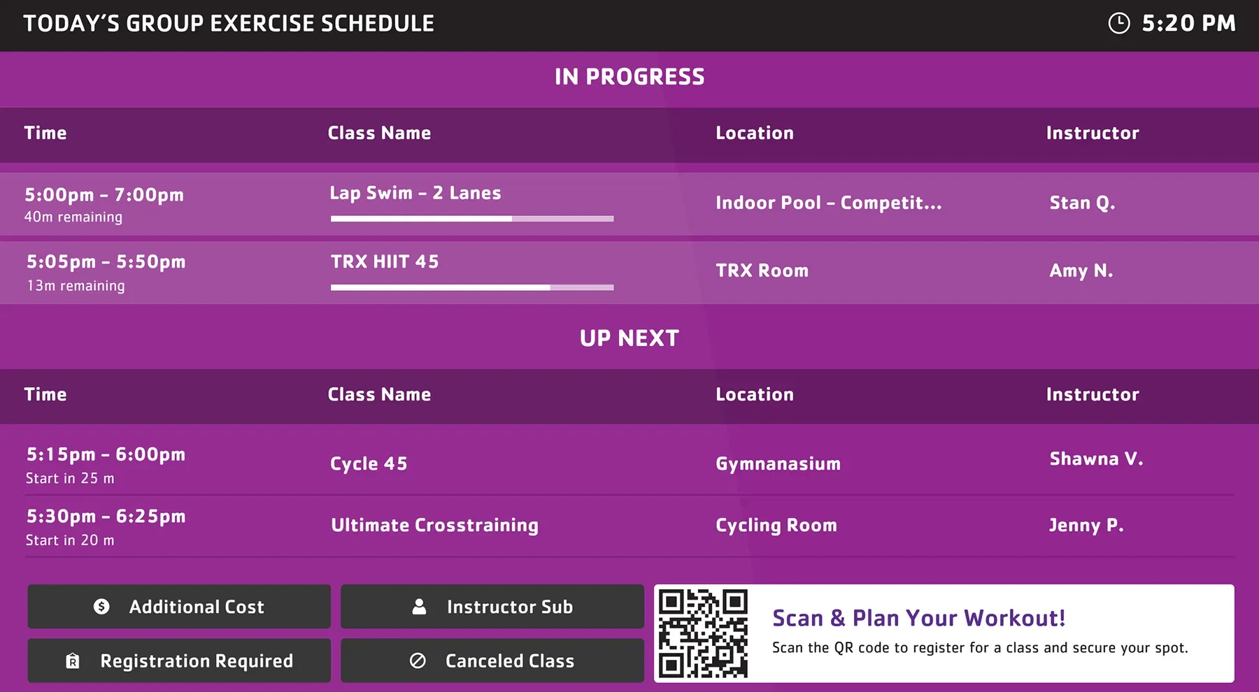 Today's group exercise schedule screen
